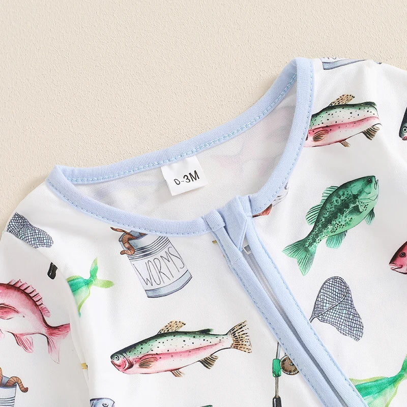 Lioraitiin Baby Boys Autumn Casual Romper Long Sleeve Crew Neck Fish Print Oblique Zipper Jumpsuit