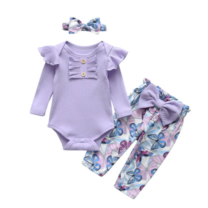 3pcs Newborn Baby Girl Casual Clothes Set Ruffles Knitted Long Sleeve Bodysuit + infant Pants + Headband Solid Color Outfits
