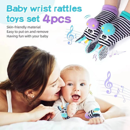 4pcs Baby Rattle Toys Cute Stuffed Animals Wrist Rattle Foot Finder Socks 0~24 Months for Infant Boy Girl Newborn Gift