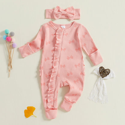 FOCUSNORM Newborn Baby Girls Boys Fall Footies Romper Sets Ruffle Long Sleeve Bow/Flowers Print Jumpsuit with Headband