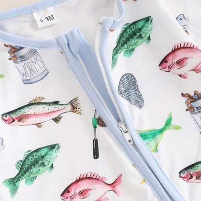 Lioraitiin Baby Boys Autumn Casual Romper Long Sleeve Crew Neck Fish Print Oblique Zipper Jumpsuit