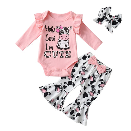 3pcs Newborn Baby Girl Casual Clothes Set Ruffles Knitted Long Sleeve Bodysuit + infant Pants + Headband Solid Color Outfits
