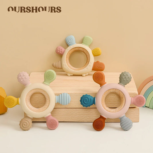 Baby Silicone Wooden Teethers Cartoon Stegosaurus Design Teething Chewing Toys for Infants Care Teether Toy Newborn Accessories