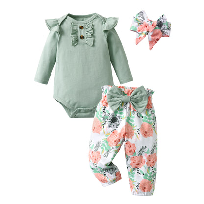 3pcs Newborn Baby Girl Casual Clothes Set Ruffles Knitted Long Sleeve Bodysuit + infant Pants + Headband Solid Color Outfits