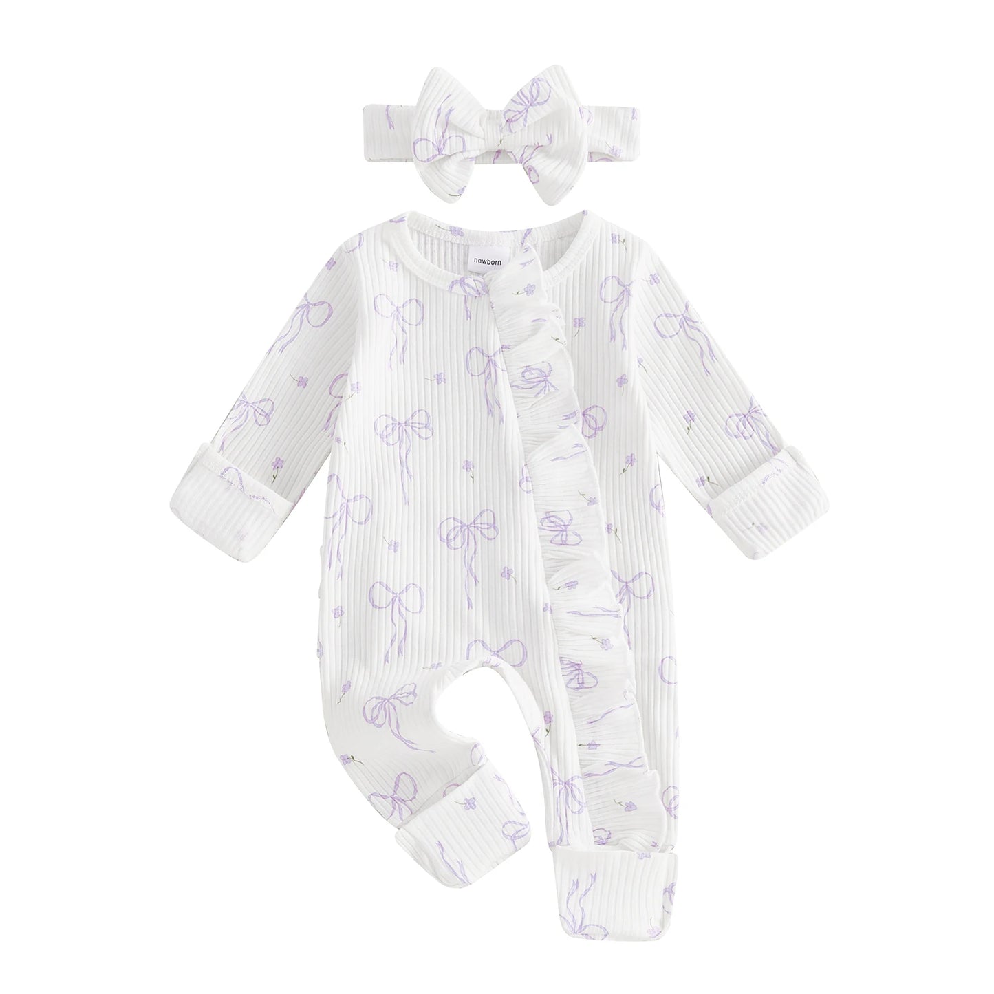 FOCUSNORM 0-6M Newborn Baby Girl Boys Fall Romper Sets 2pcs Bow Long Sleeve Full Length Zipper Front Ribbed Jumpsuit Headband
