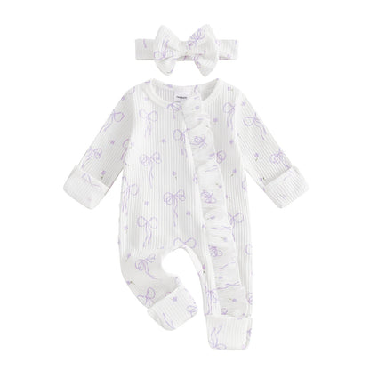 FOCUSNORM 0-6M Newborn Baby Girl Boys Fall Romper Sets 2pcs Bow Long Sleeve Full Length Zipper Front Ribbed Jumpsuit Headband