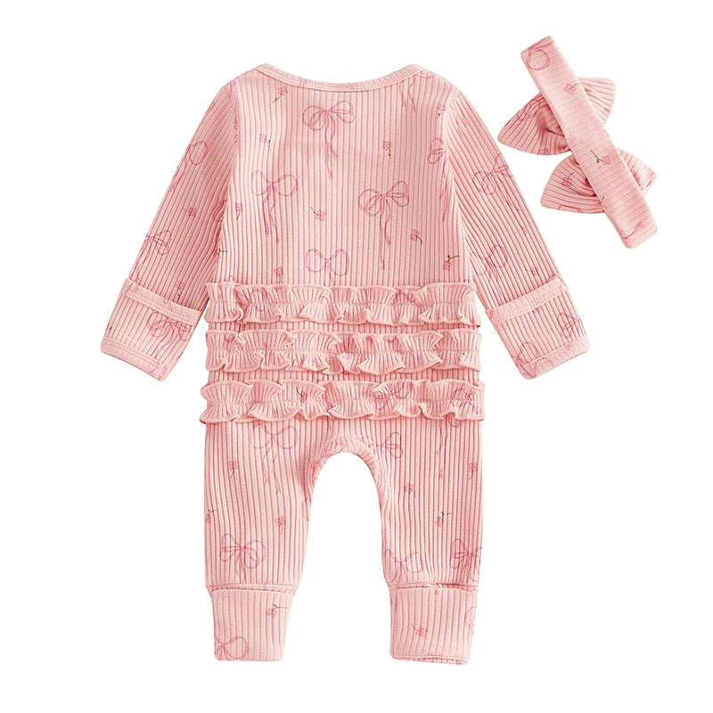 FOCUSNORM 0-6M Newborn Baby Girl Boys Fall Romper Sets 2pcs Bow Long Sleeve Full Length Zipper Front Ribbed Jumpsuit Headband