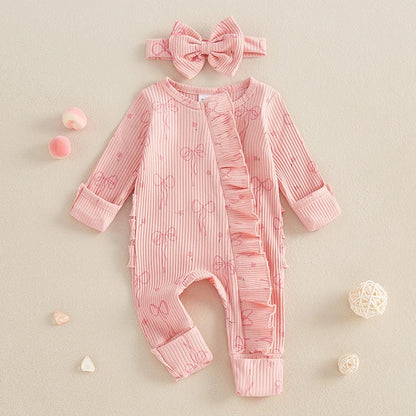 FOCUSNORM 0-6M Newborn Baby Girl Boys Fall Romper Sets 2pcs Bow Long Sleeve Full Length Zipper Front Ribbed Jumpsuit Headband